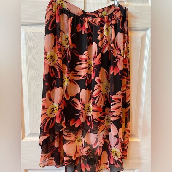 BLACK HIBISCUS CREPE FULLY LINED HIGH LOW SKIRT BY WORTHINGTON SIZE 14 - Picture 1 of 7